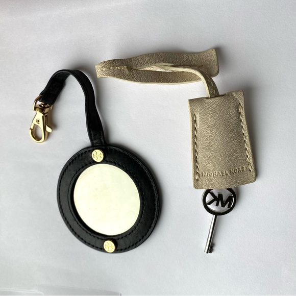 Tory Burch Black Leather Mirror + Michael Kors Leather Key Silver Lock Set - Picture 1 of 11